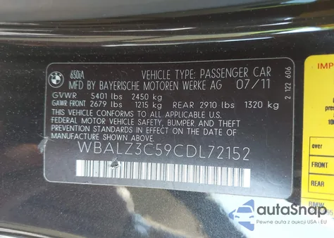 2012 BMW 650I из США, поврежденный, VIN WBALZ3C59CDL72152